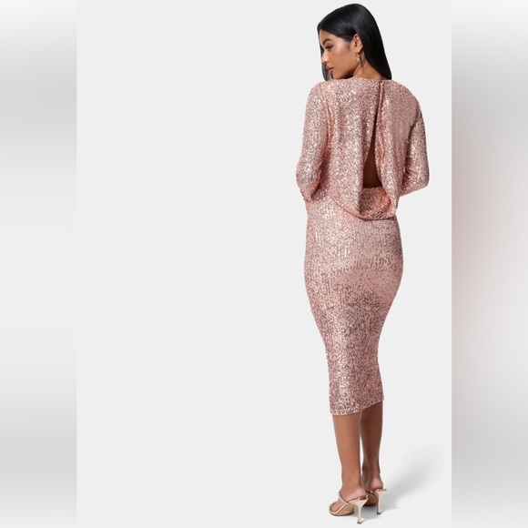 BEBE Sequin Cowl Back Midi Dress - Rose Gold - Picture 1 of 7